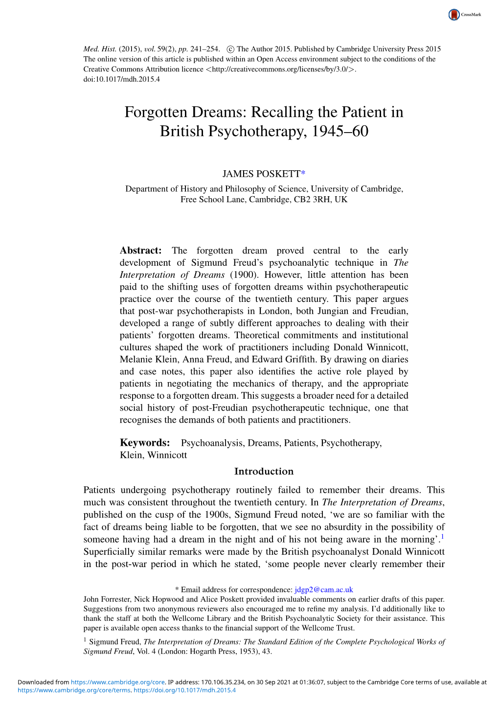 Forgotten Dreams: Recalling the Patient in British Psychotherapy, 1945–60