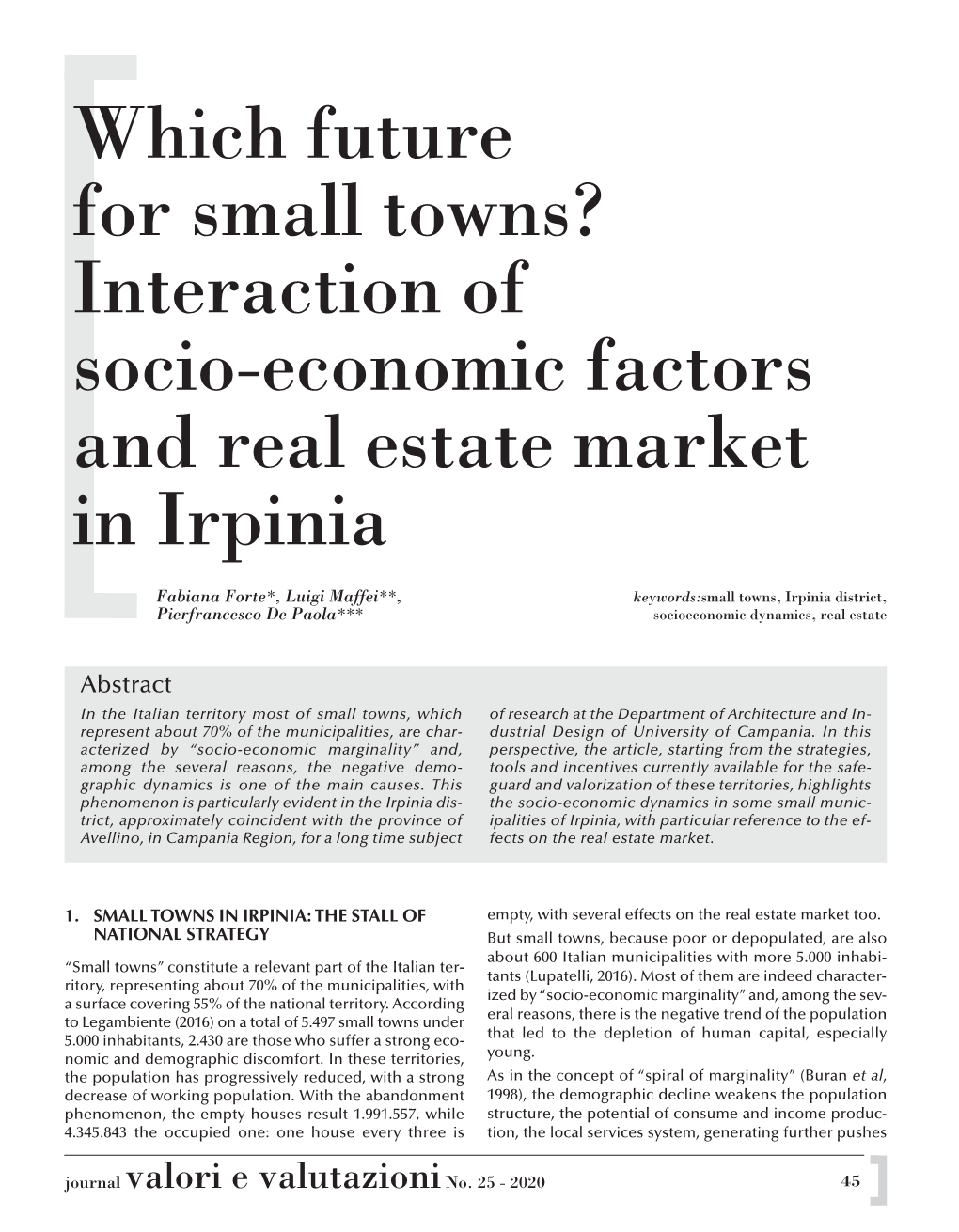 Which Future for Small Towns? Interaction of Socio-Economic Factors and Real Estate Market in Irpinia