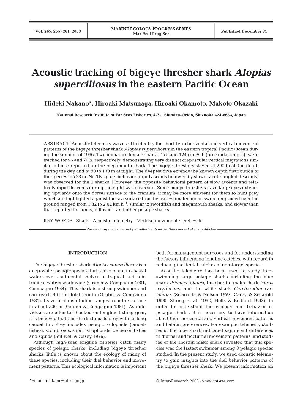 Acoustic Tracking of Bigeye Thresher Shark Alopias Superciliosus in the Eastern Pacific Ocean