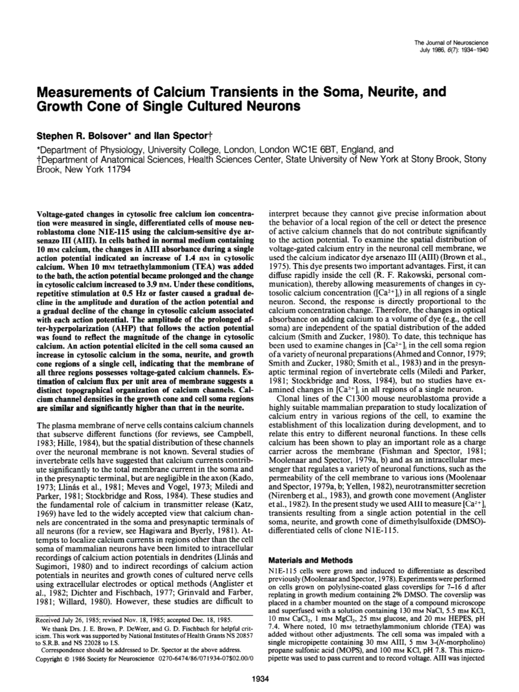 Measurements of Calcium Transients in the Soma, Neurite, and Growth Cone of Single Cultured Neurons