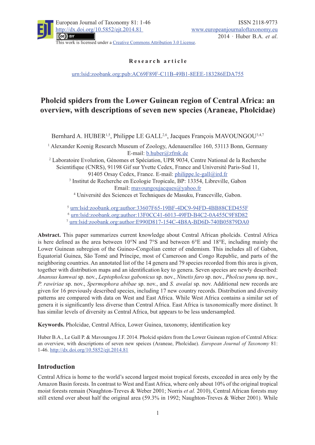 Pholcid Spiders from the Lower Guinean Region of Central Africa: an Overview, with Descriptions of Seven New Species (Araneae, Pholcidae)