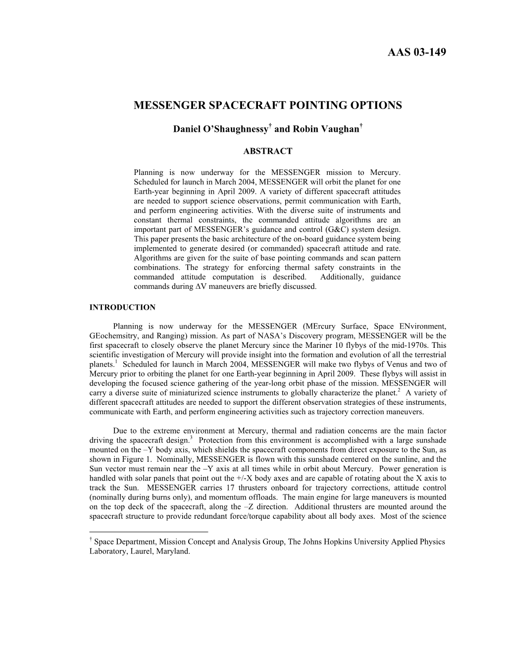 Aas 03-149 Messenger Spacecraft Pointing Options