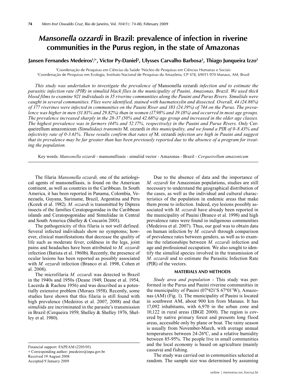 Mansonella Ozzardi in Brazil: Prevalence of Infection in Riverine Communities in the Purus Region, in the State of Amazonas