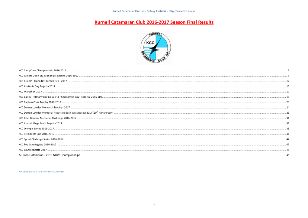 Kurnell Catamaran Club 2016-2017 Season Final Results