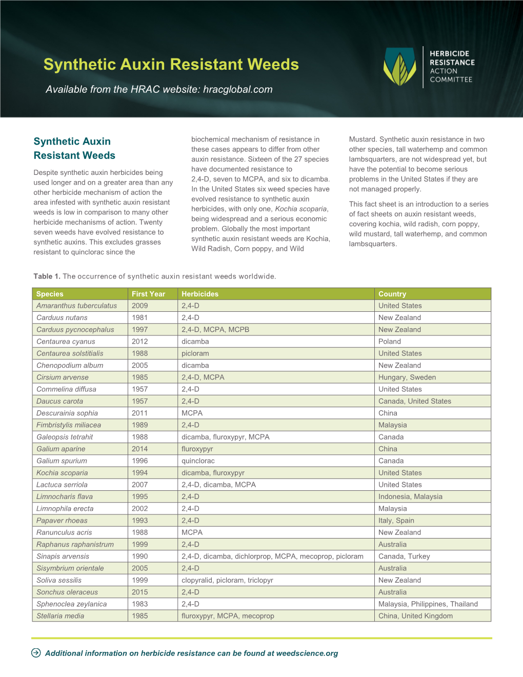 Synthetic Auxin Resistant Weeds