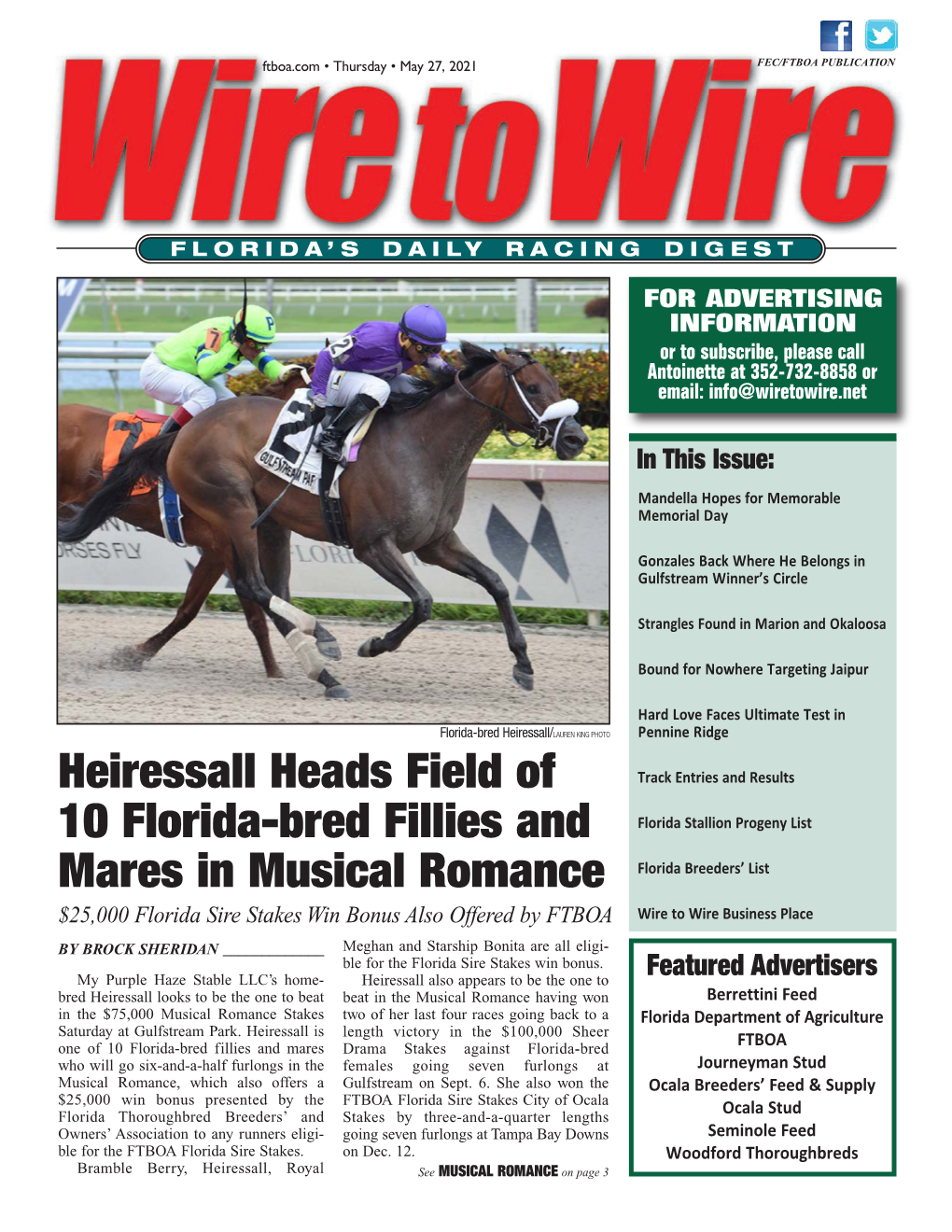 Heiressall Heads Field of 10 Florida-Bred Fillies and Mares in Musical Romance