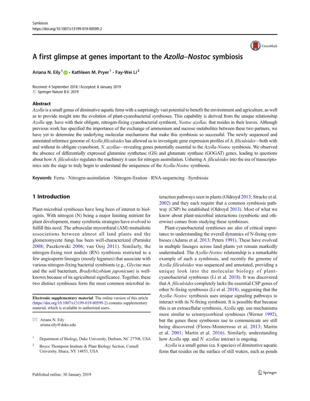 A First Glimpse at Genes Important to the Azolla–Nostoc Symbiosis