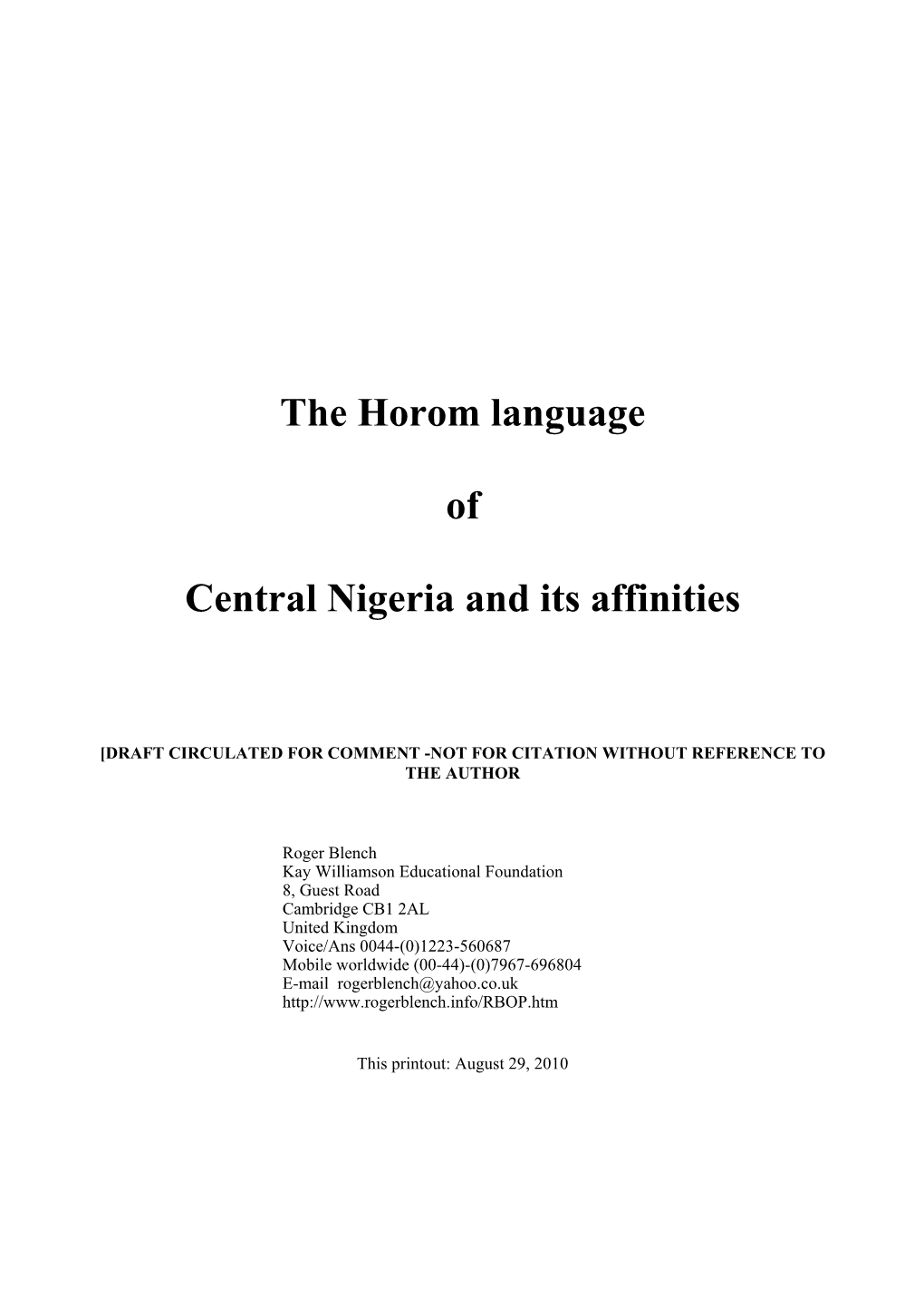 The Horom Language of Central Nigeria and Its Affinities