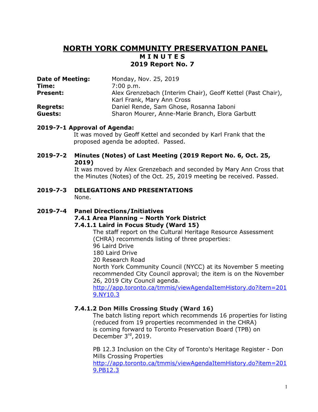 NORTH YORK COMMUNITY PRESERVATION PANEL M I N U T E S 2019 Report No