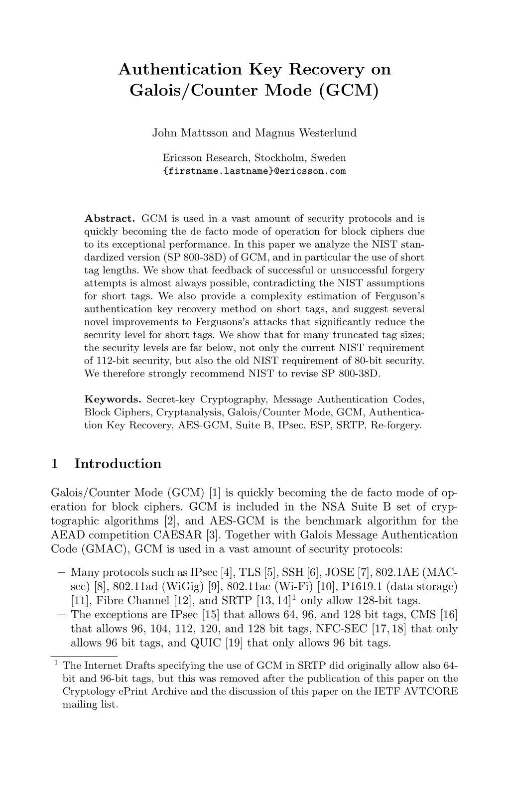 Authentication Key Recovery on Galois/Counter Mode (GCM)