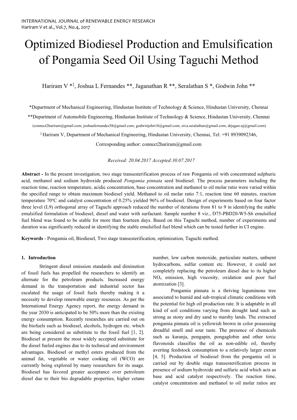 Optimized Biodiesel Production and Emulsification of Pongamia Seed Oil Using Taguchi Method