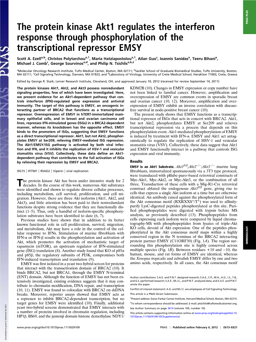 The Protein Kinase Akt1 Regulates the Interferon Response Through Phosphorylation of the Transcriptional Repressor EMSY