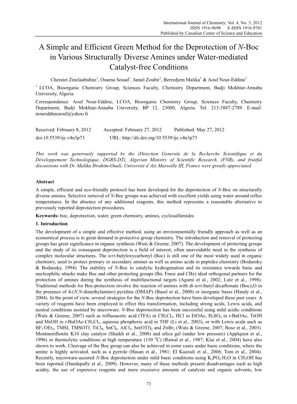 A Simple and Efficient Green Method for the Deprotection of N-Boc in Various Structurally Diverse Amines Under Water-Mediated Catalyst-Free Conditions