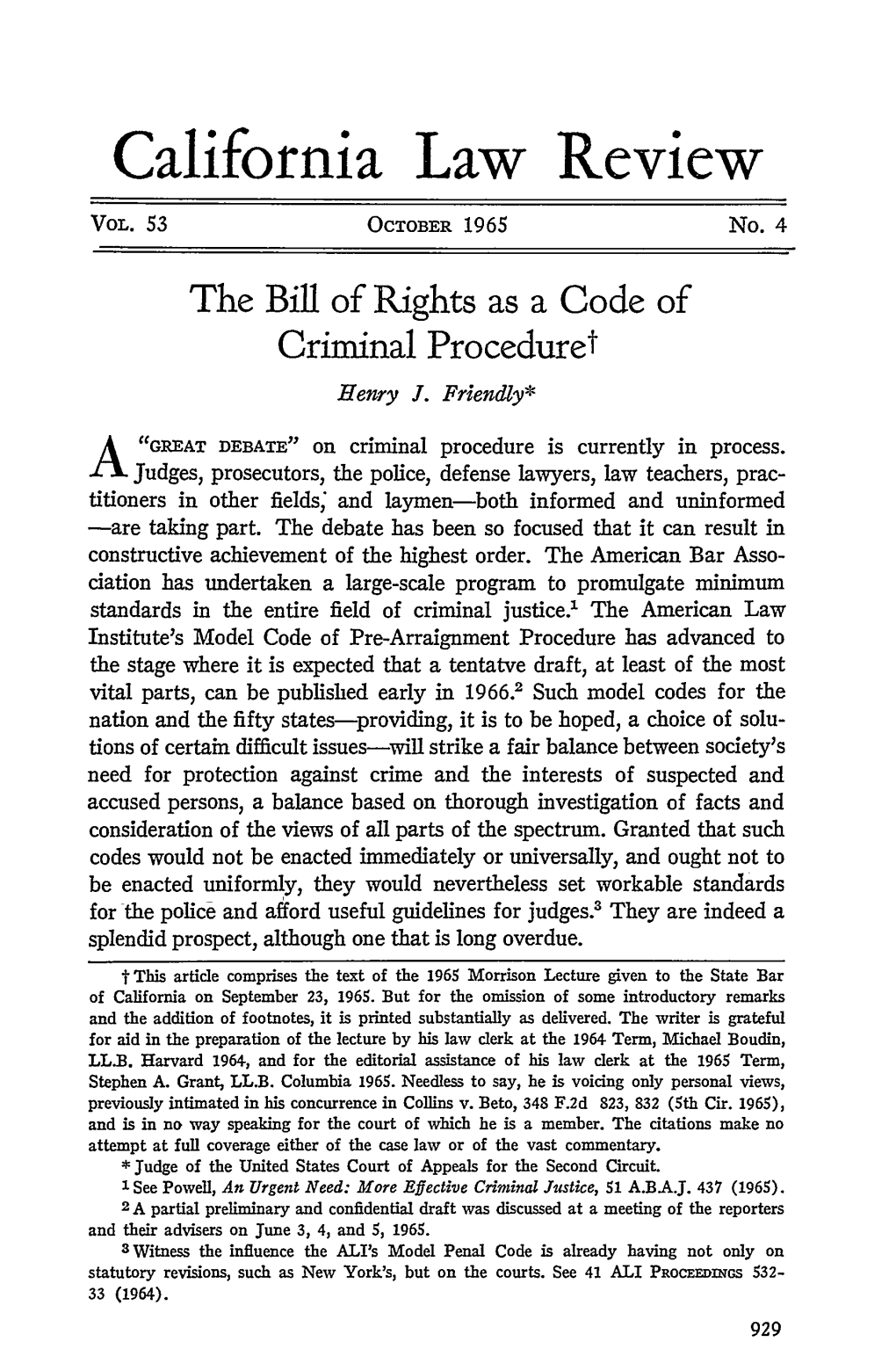 The Bill of Rights As a Code of Criminal Proceduret Henry J