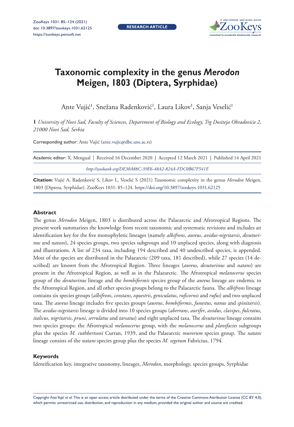 Taxonomic Complexity in the Genus Merodon Meigen, 1803 (Diptera, Syrphidae)