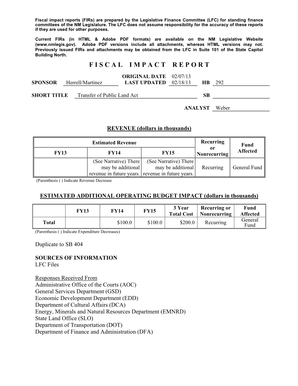 Fiscal Impact Reports (Firs) Are Prepared by the Legislative Finance Committee (LFC) for Standing Finance Committees of the NM Legislature