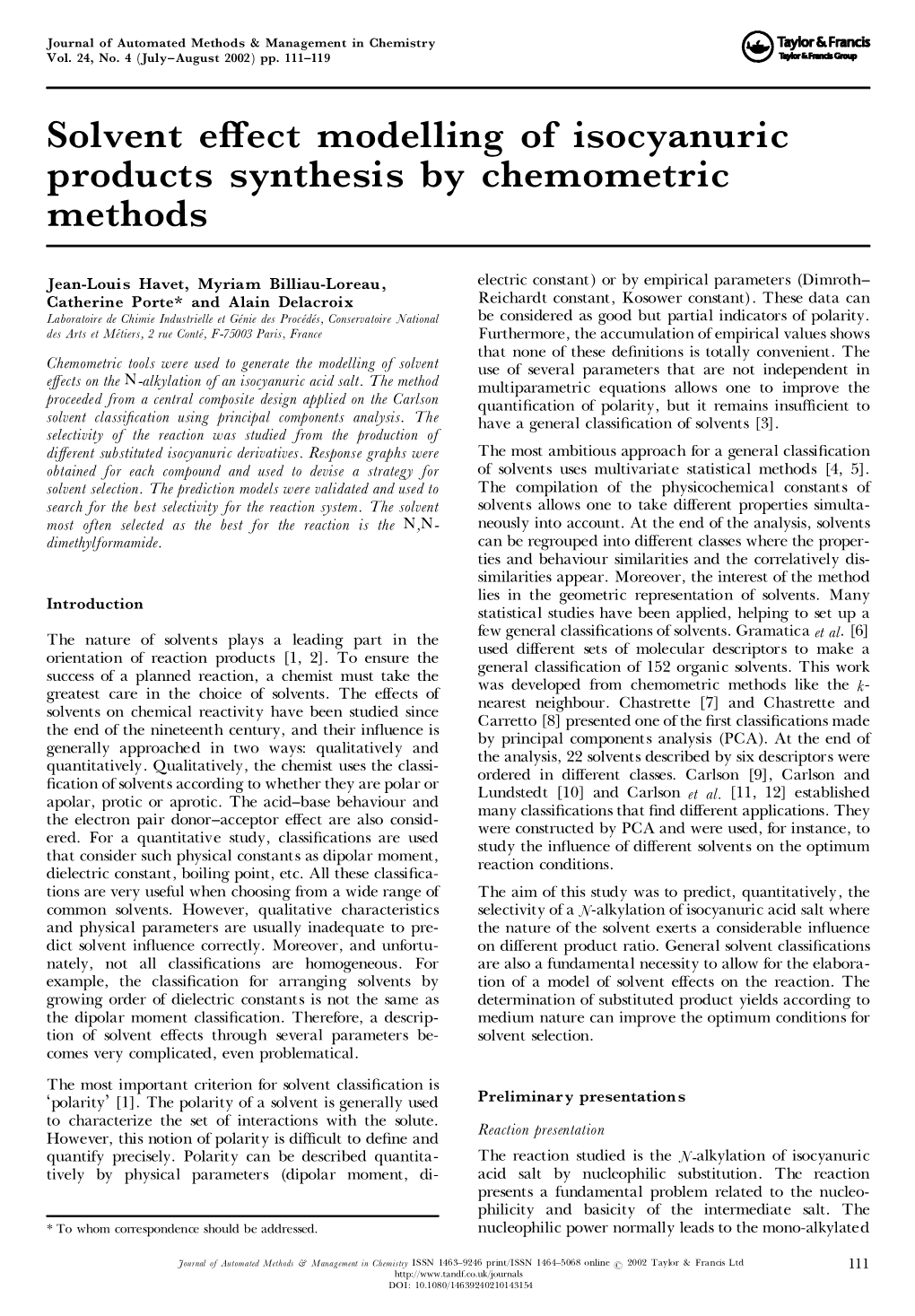 Solvent Effect Modelling of Isocyanuric Products Synthesis by Chemometric Methods