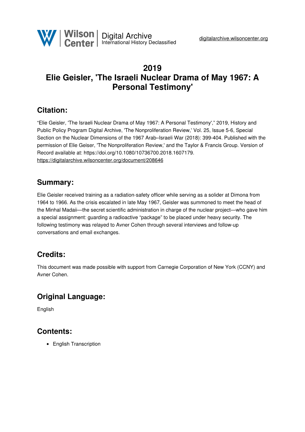 2019 Elie Geisler, 'The Israeli Nuclear Drama of May 1967: a Personal Testimony'