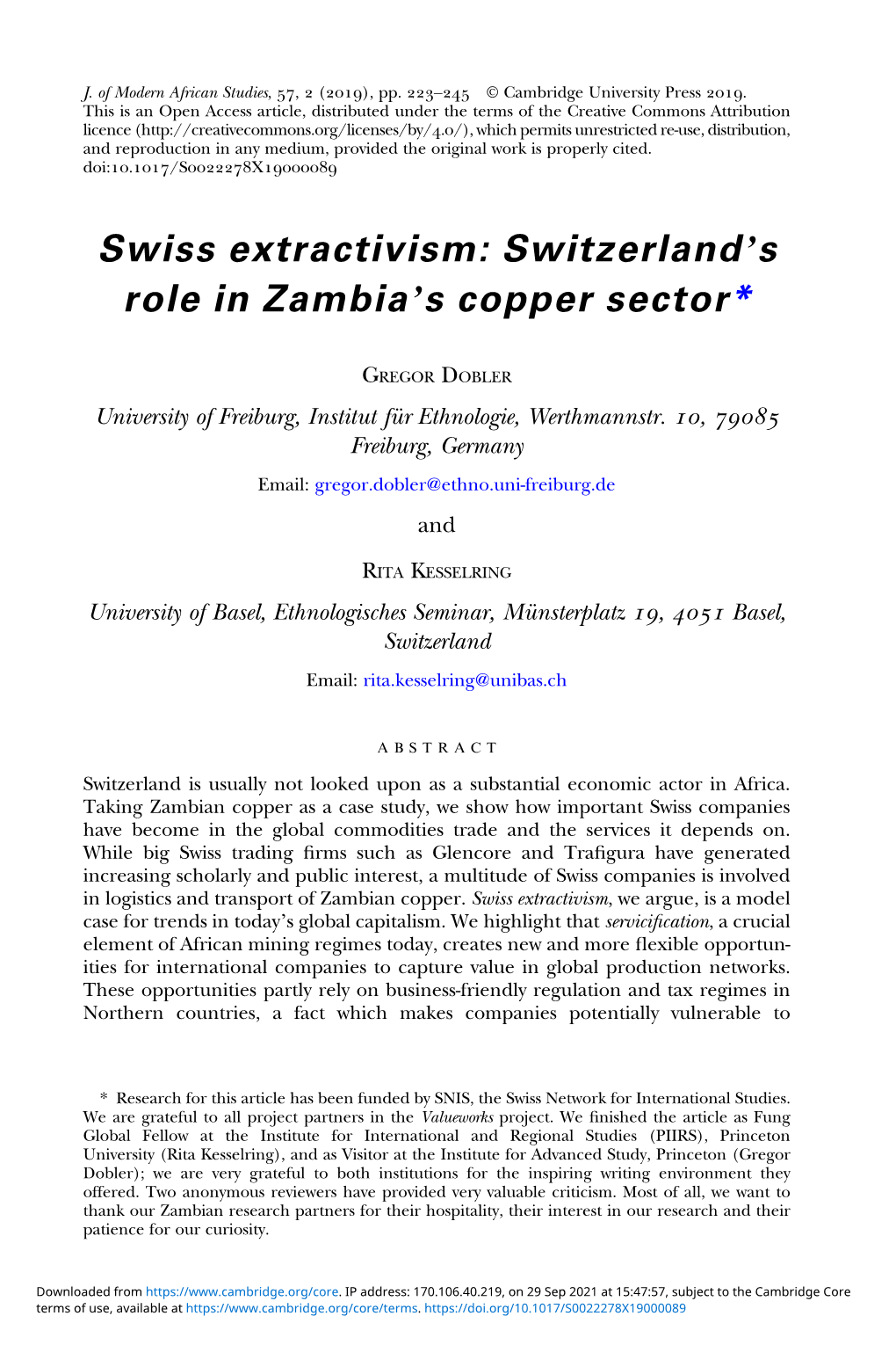 Swiss Extractivism: Switzerland's Role in Zambia's Copper Sector*