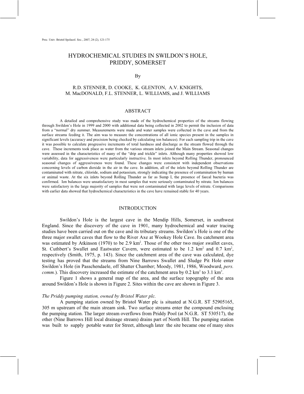 Hydrochemical Studies in Swildon's Hole, Priddy, Somerset