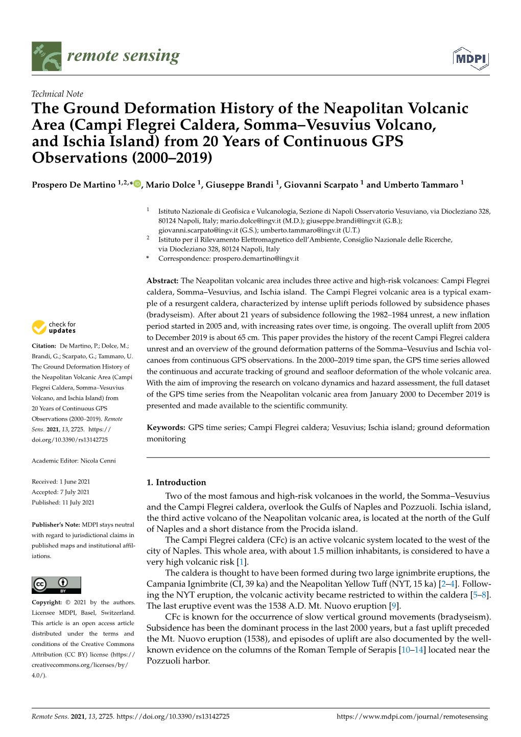 Campi Flegrei Caldera, Somma–Vesuvius Volcano, and Ischia Island) from 20 Years of Continuous GPS Observations (2000–2019)