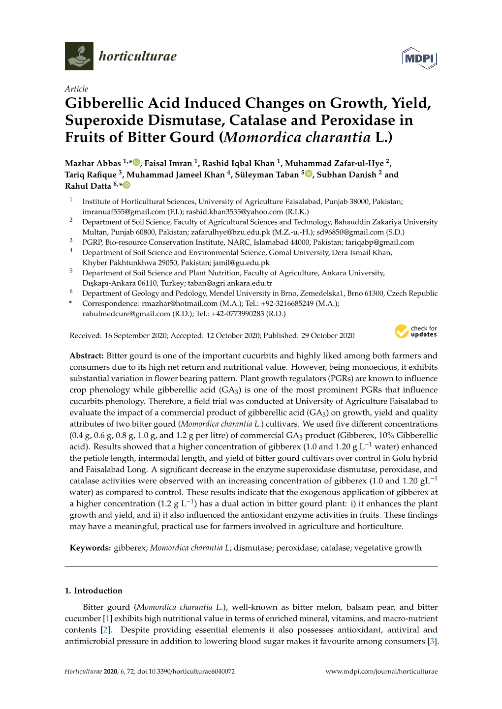 Gibberellic Acid Induced Changes on Growth, Yield, Superoxide Dismutase, Catalase and Peroxidase in Fruits of Bitter Gourd (Momordica Charantia L.)