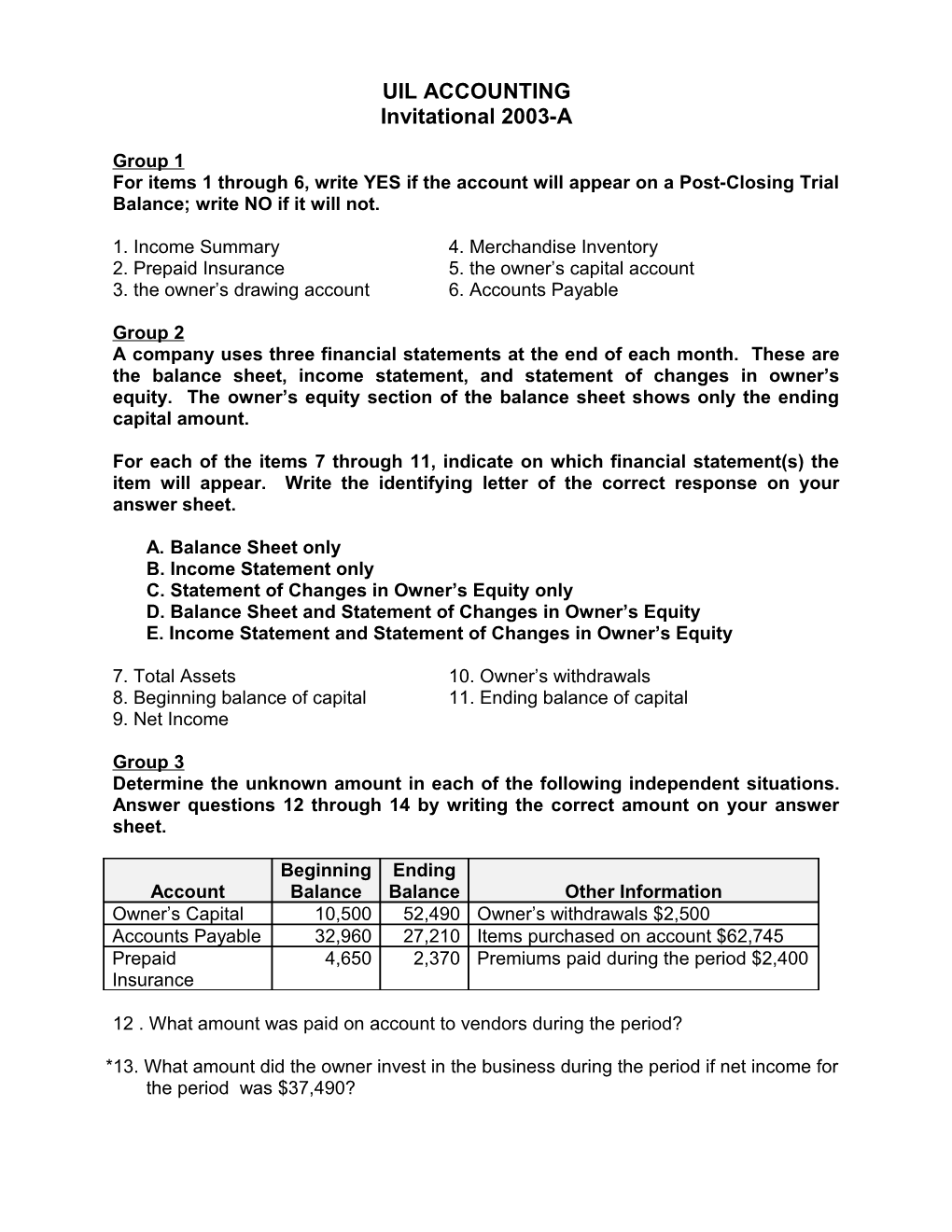 UIL Accounting Invitational 2003-A 10