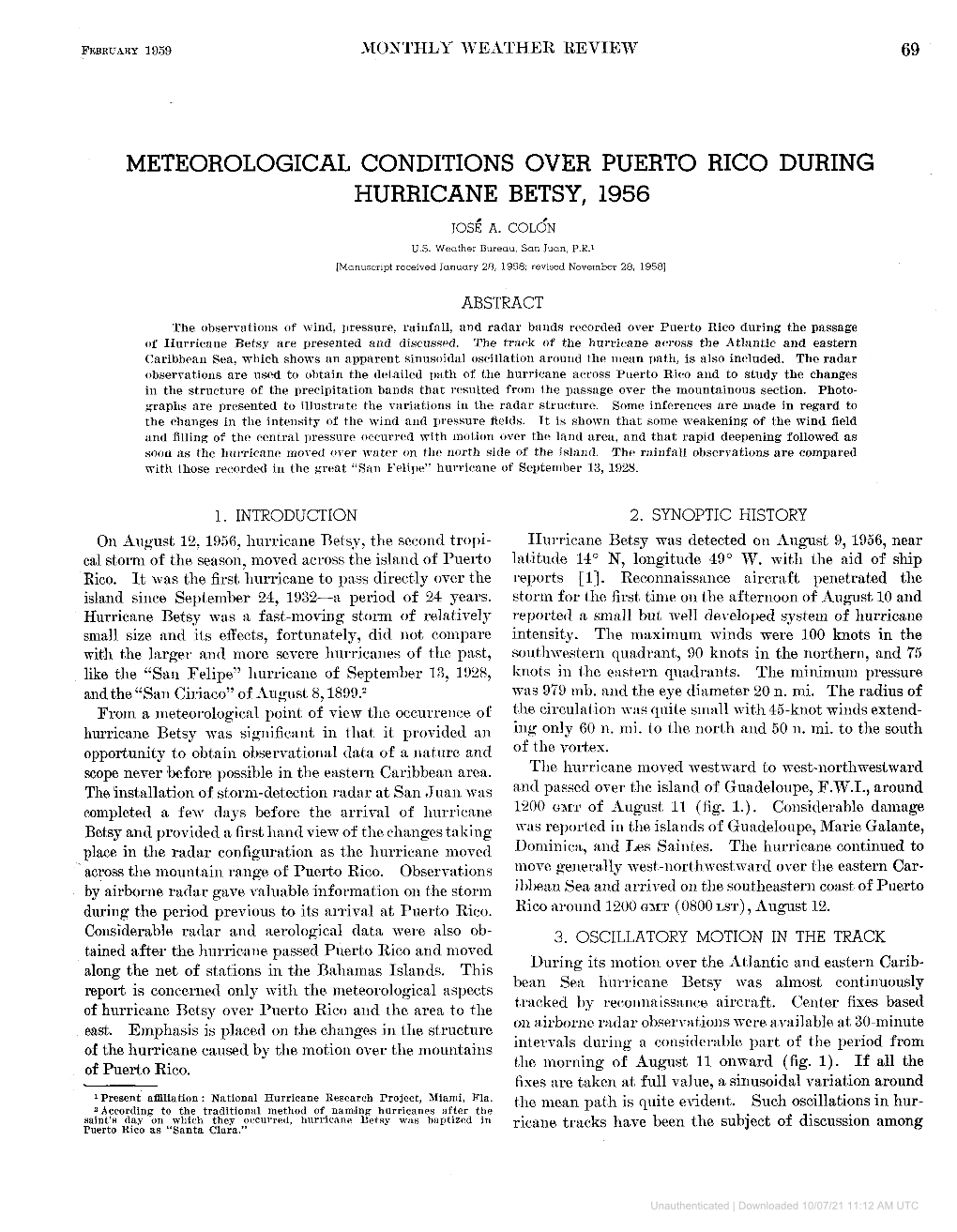 Meteorological Conditions Over Puerto Rico During Hurricane Betsy, 1956 Jos~A