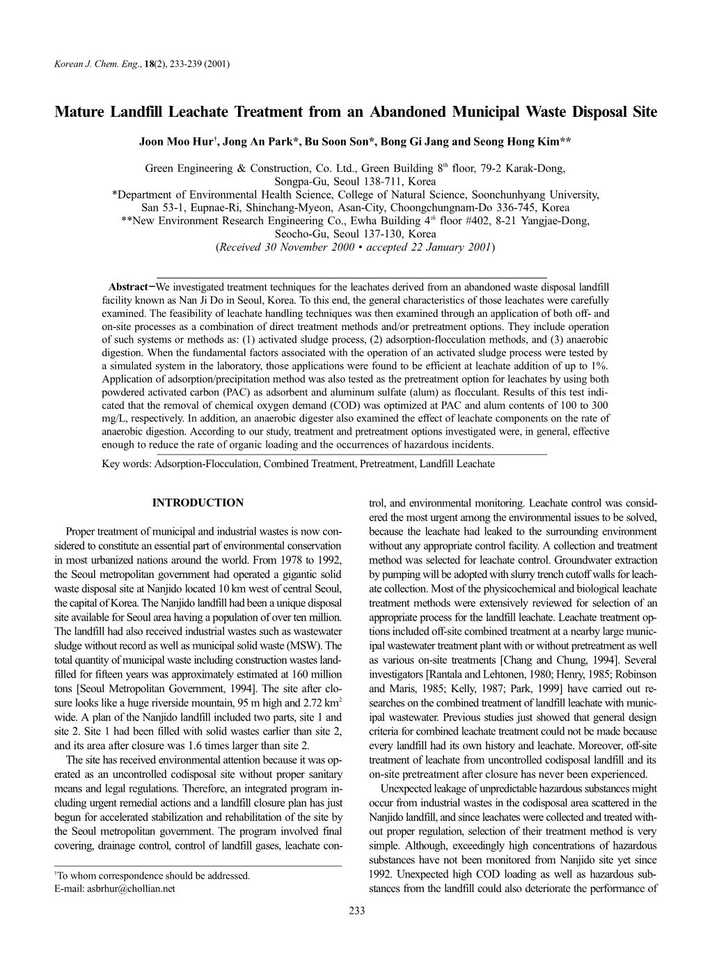 Mature Landfill Leachate Treatment from an Abandoned Municipal Waste Disposal Site