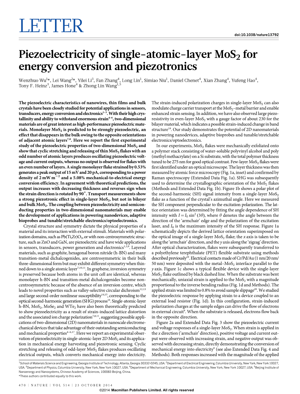 Piezoelectricity of Single-Atomic-Layer Mos2 for Energy Conversion and Piezotronics