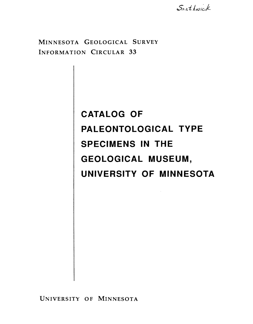 Catalog of Paleontological Type Specimens in the Geological Museum, University of Minnesota
