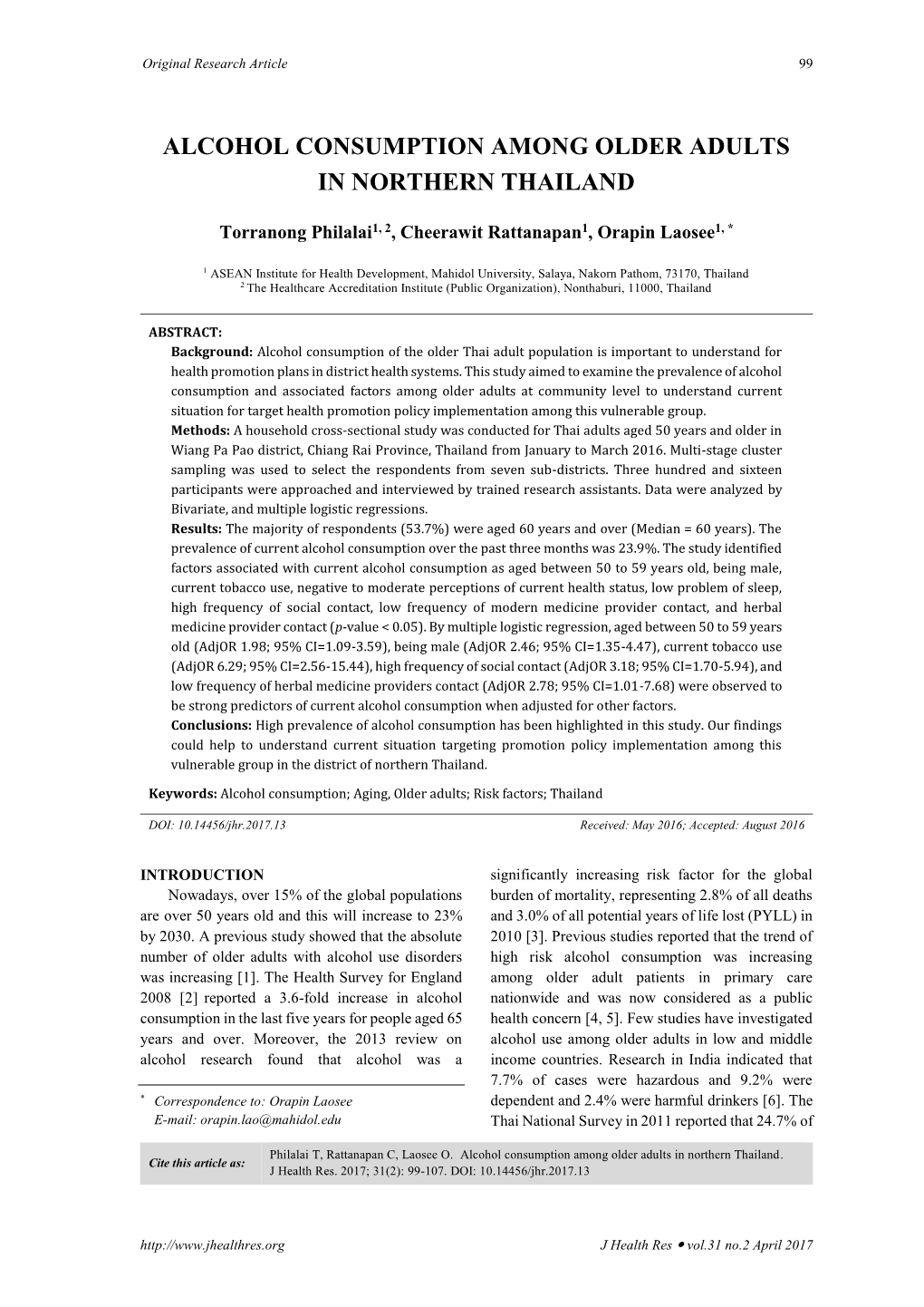 Alcohol Consumption Among Older Adults in Northern Thailand