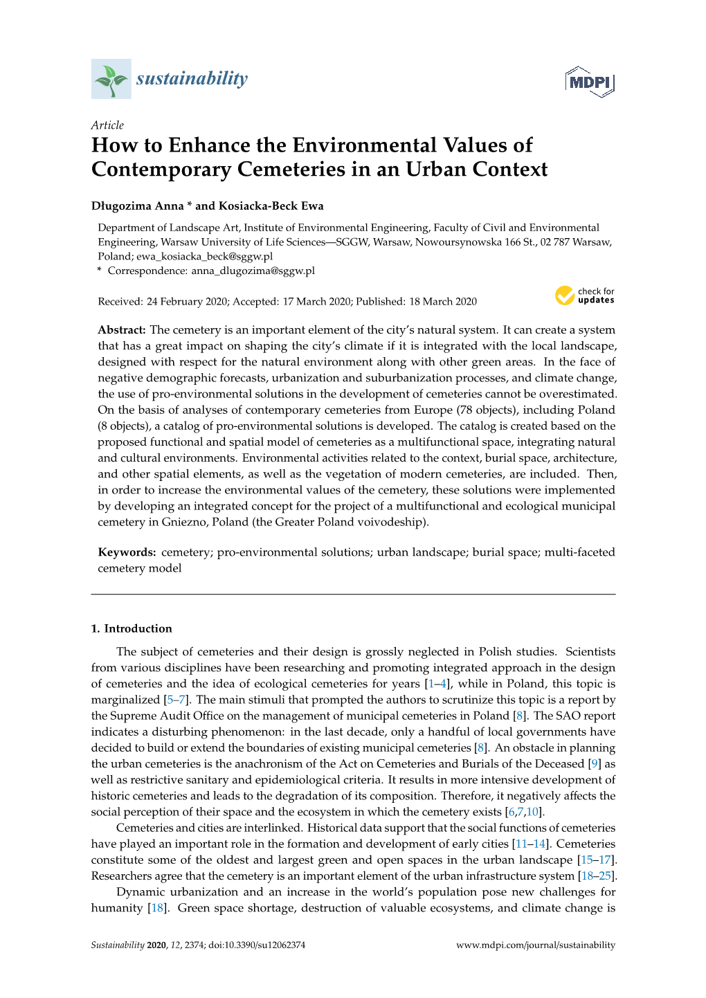 How to Enhance the Environmental Values of Contemporary Cemeteries in an Urban Context