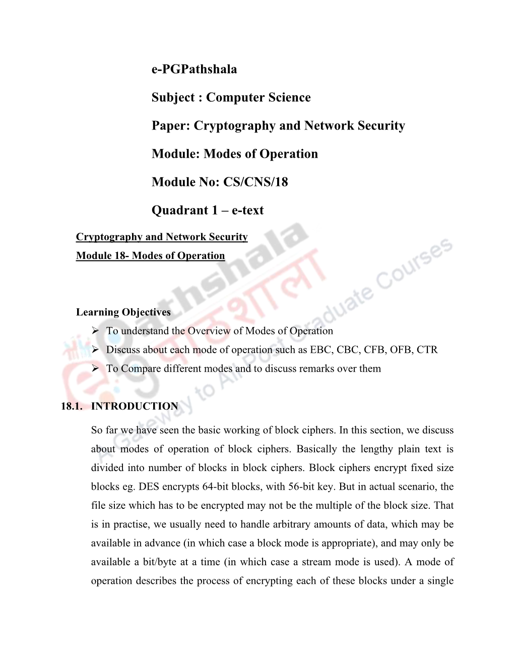 Modes of Operation Module No: CS/CNS/1