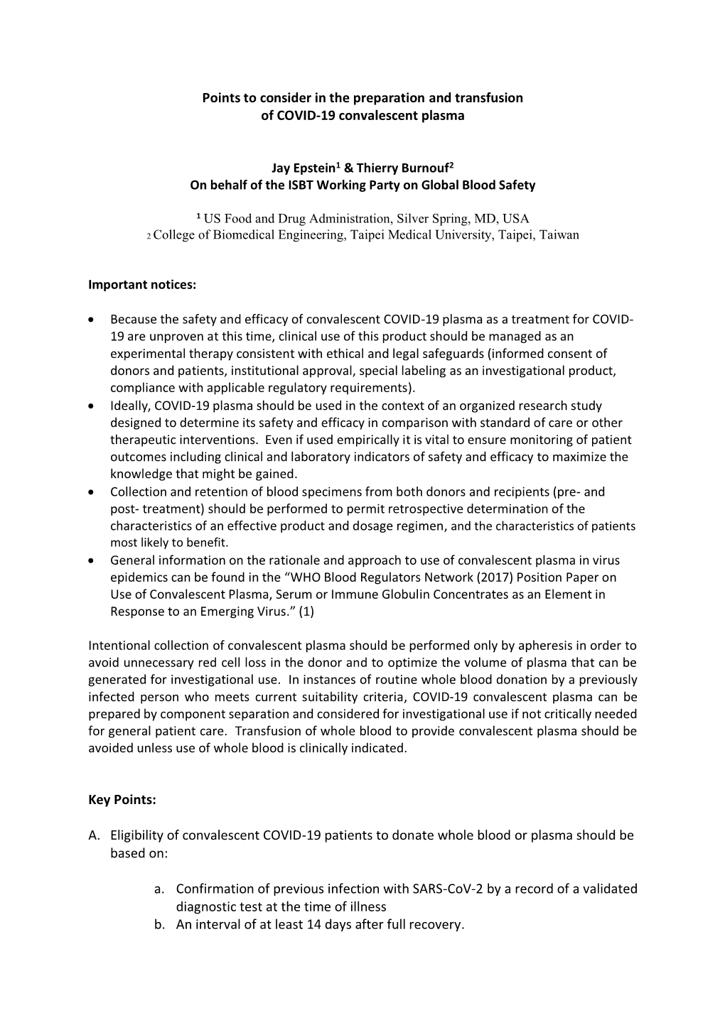 Points to Consider in the Preparation and Transfusion of COVID-19 Convalescent Plasma