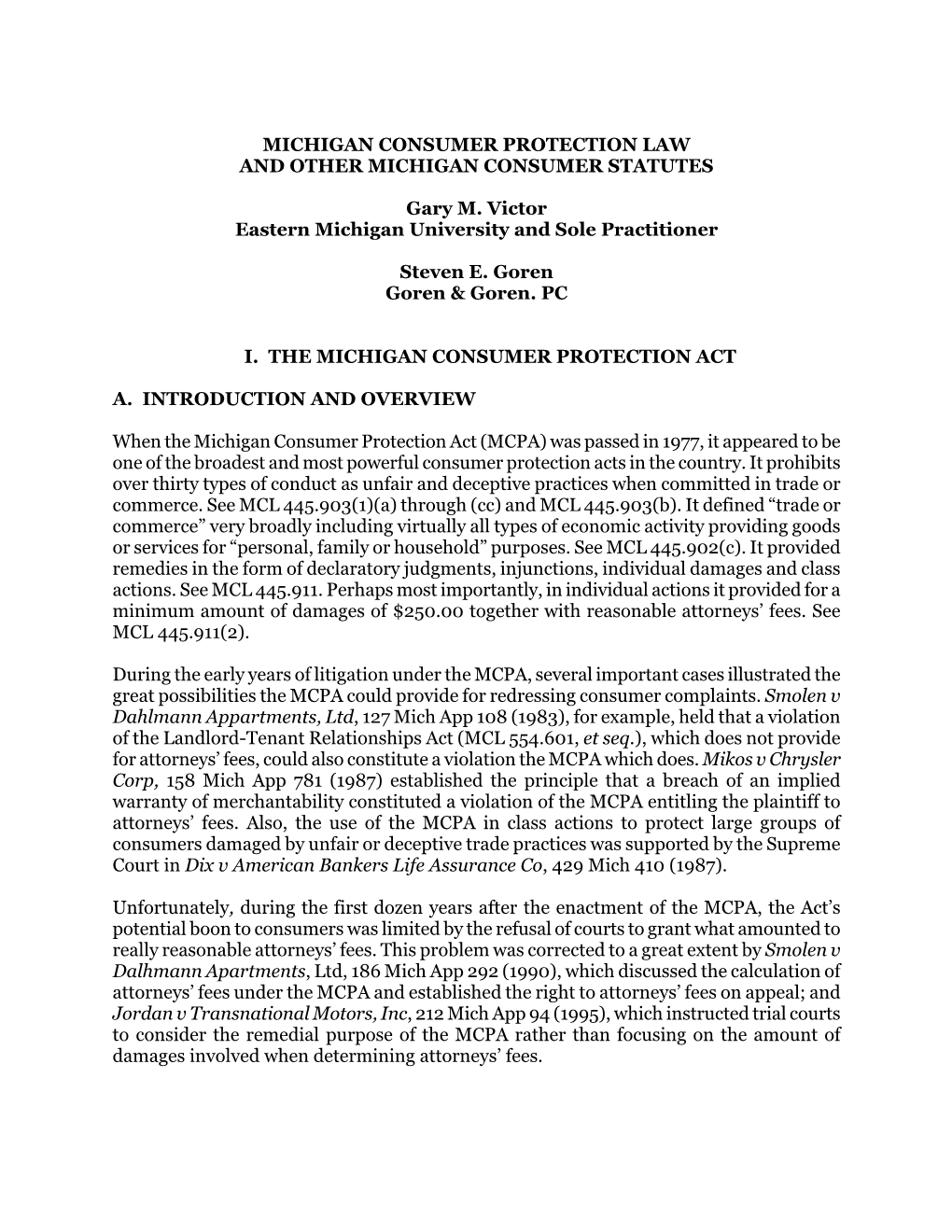 Michigan Consumer Protection Law and Other Michigan Consumer Statutes