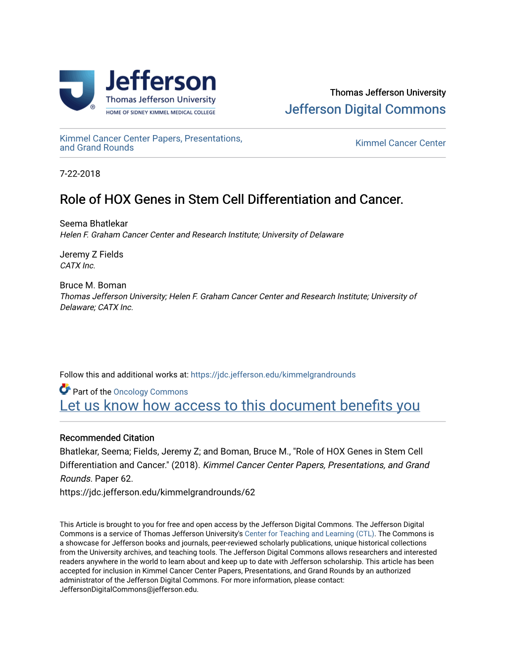 Role of HOX Genes in Stem Cell Differentiation and Cancer