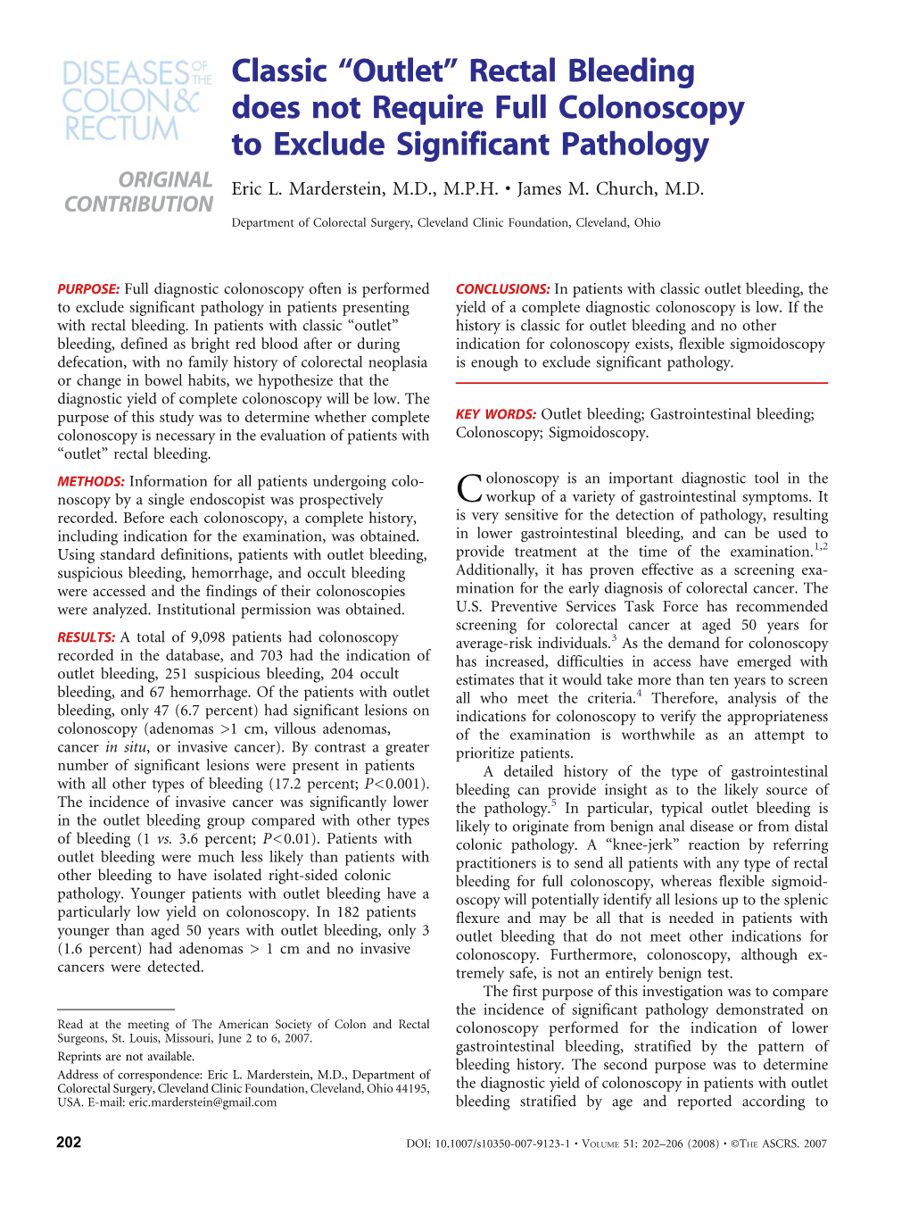 Classic “Outlet” Rectal Bleeding Does Not Require Full Colonoscopy to Exclude Significant Pathology