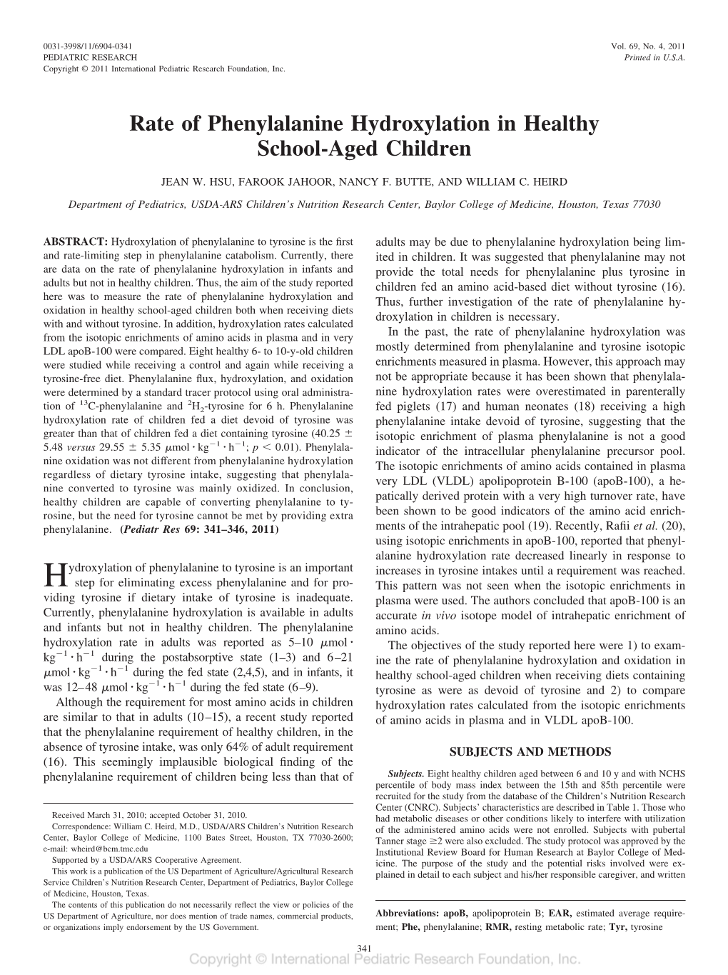 Rate of Phenylalanine Hydroxylation in Healthy School-Aged Children