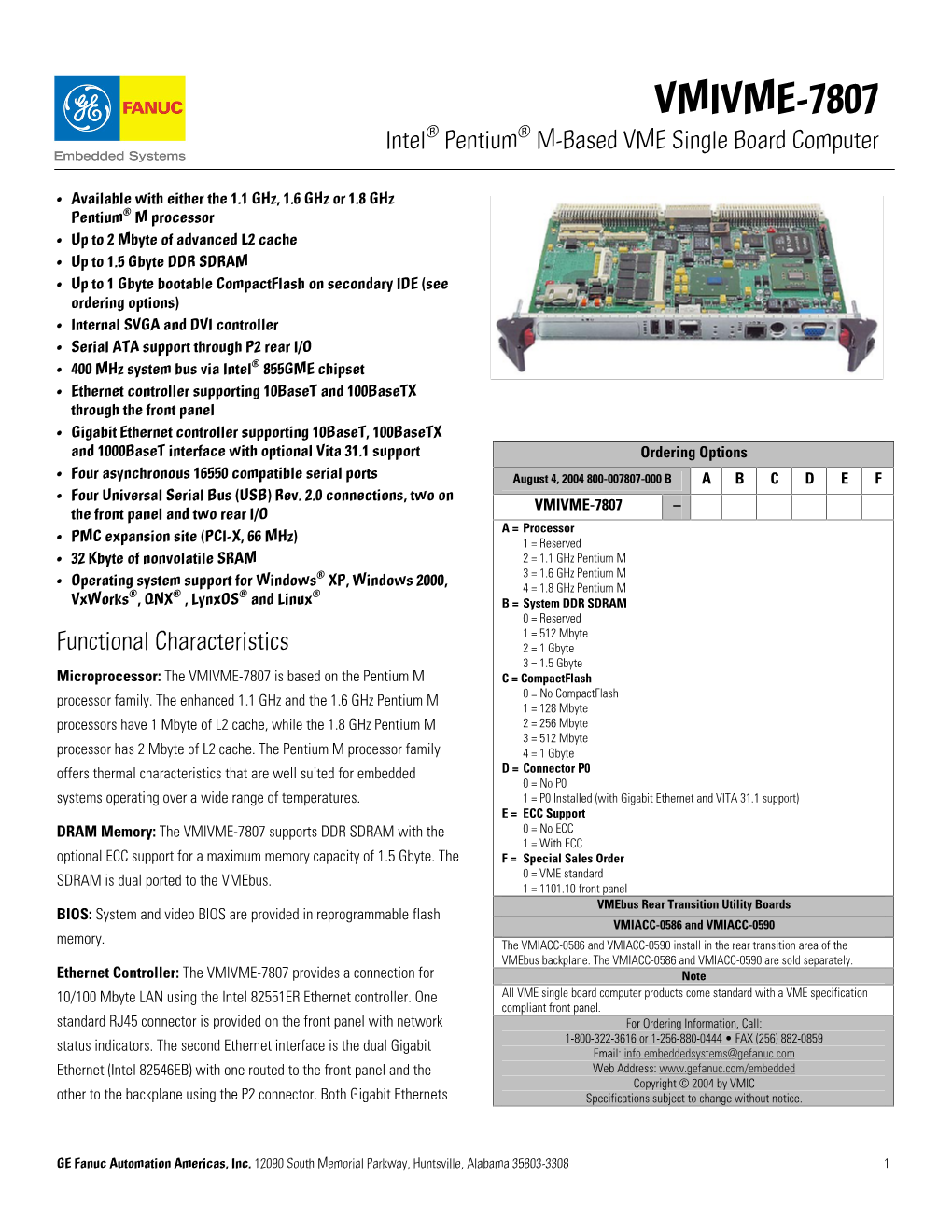 VMIVME-7807 Intel® Pentium® M-Based VME Single Board Computer