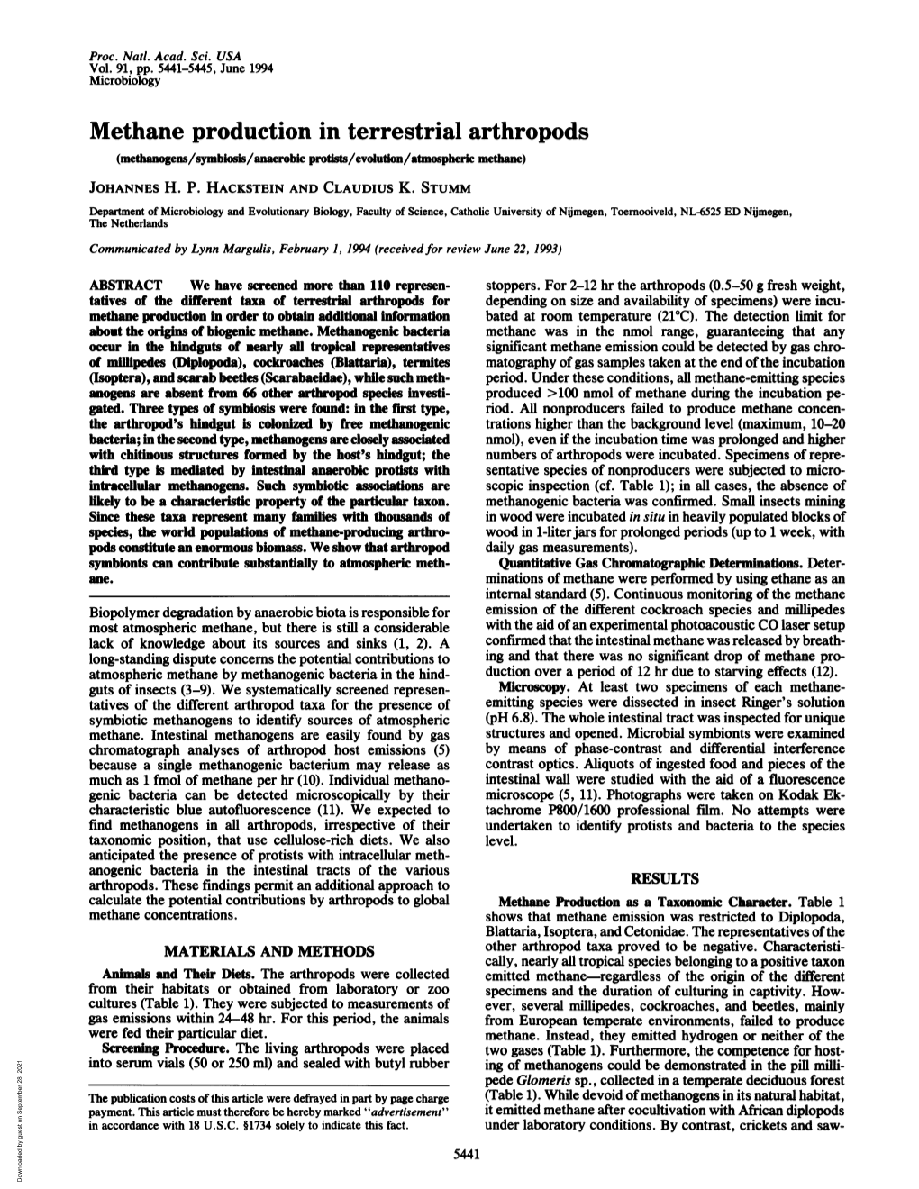 Methane Production in Terrestrial Arthropods (Methanogens/Symbiouis/Anaerobic Protsts/Evolution/Atmospheric Methane) JOHANNES H
