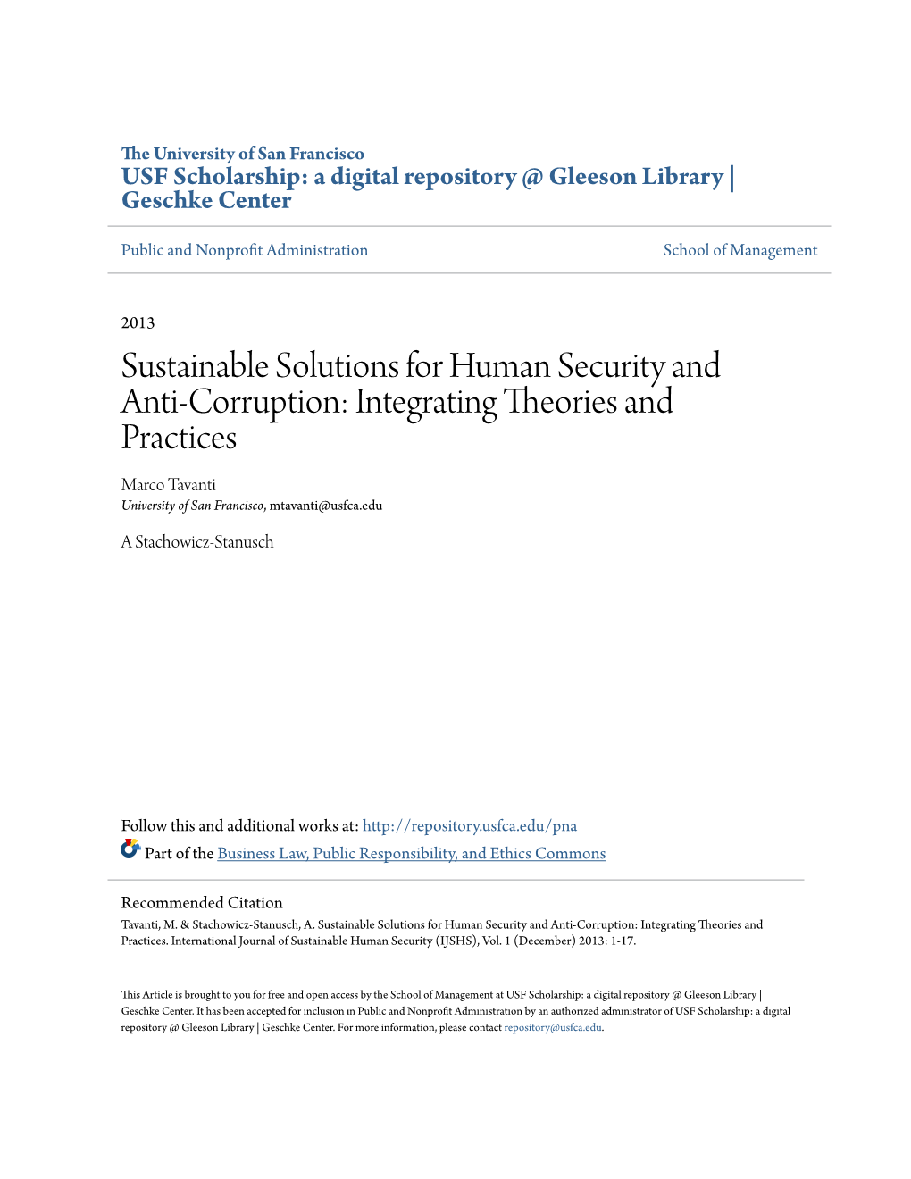 Sustainable Solutions for Human Security and Anti-Corruption: Integrating Theories and Practices Marco Tavanti University of San Francisco, Mtavanti@Usfca.Edu