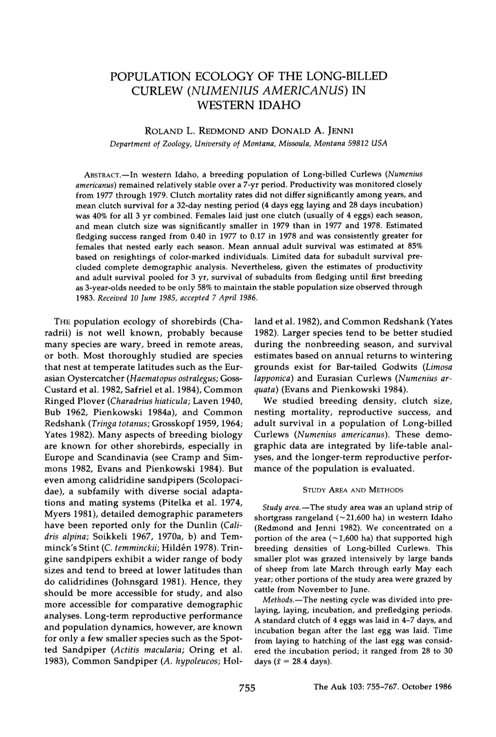 Population Ecology of the Long-Billed Curlew (Numenius Americanus) in Western Idaho