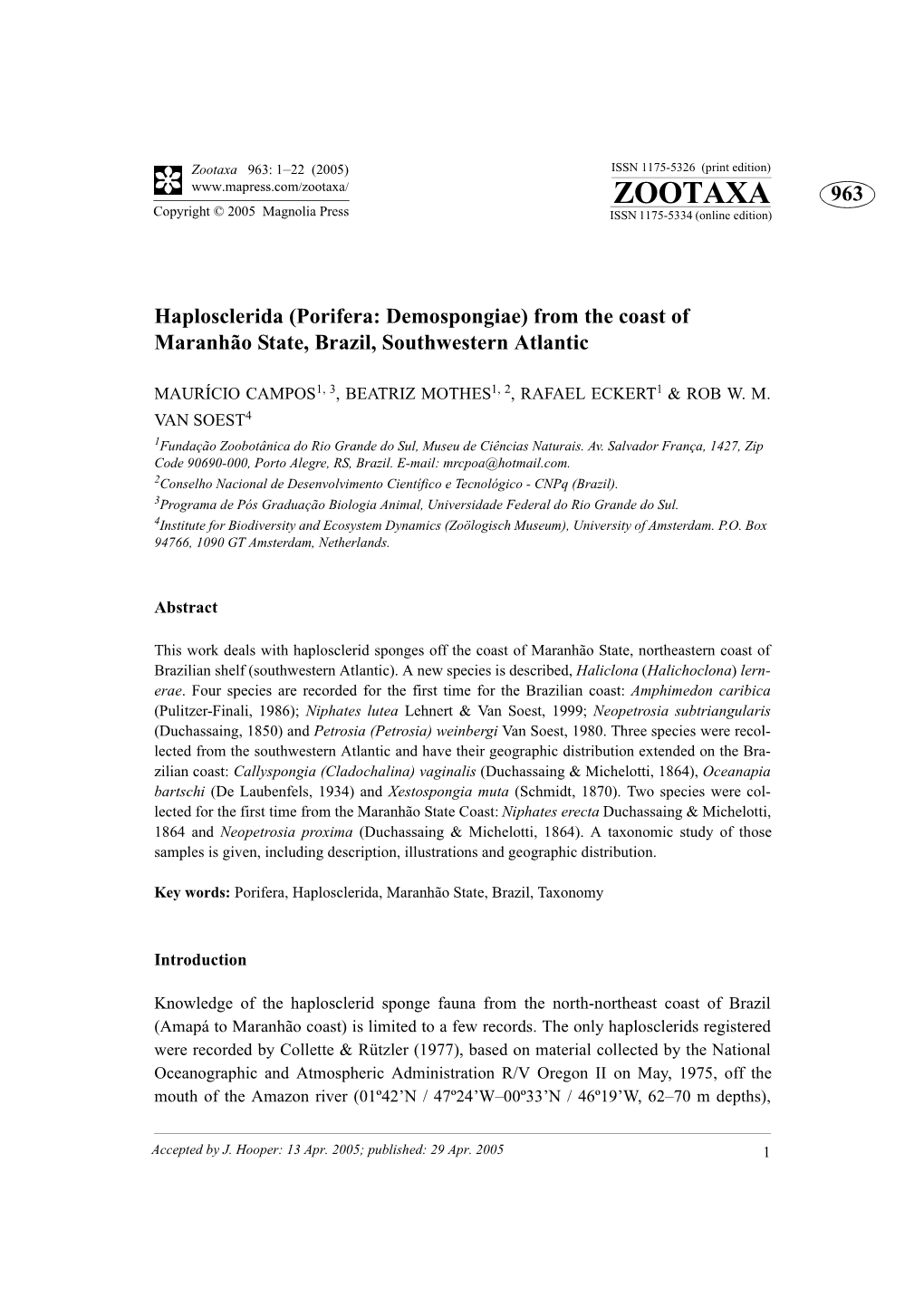 Zootaxa, Porifera, Haplosclerida