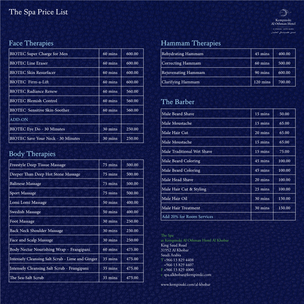 The Spa Price List