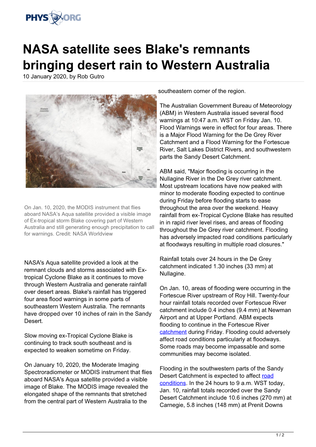 NASA Satellite Sees Blake's Remnants Bringing Desert Rain to Western Australia 10 January 2020, by Rob Gutro