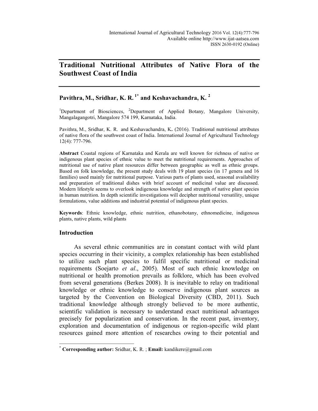 Traditional Nutritional Attributes of Native Flora of the Southwest Coast of India