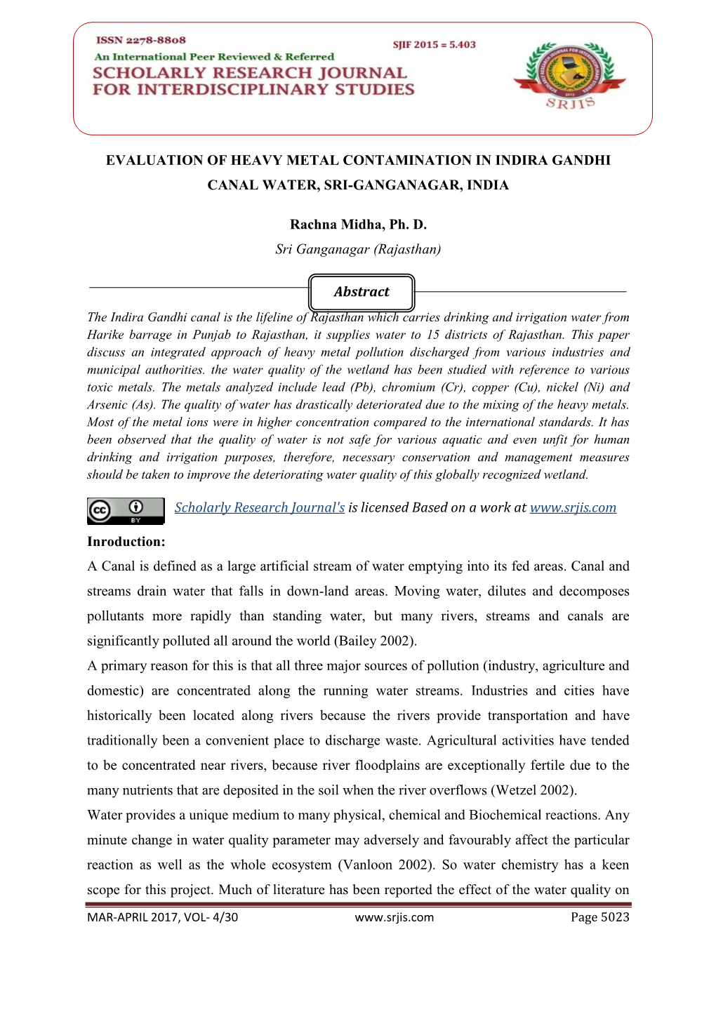 Evaluation of Heavy Metal Contamination in Indira Gandhi Canal Water, Sri-Ganganagar, India