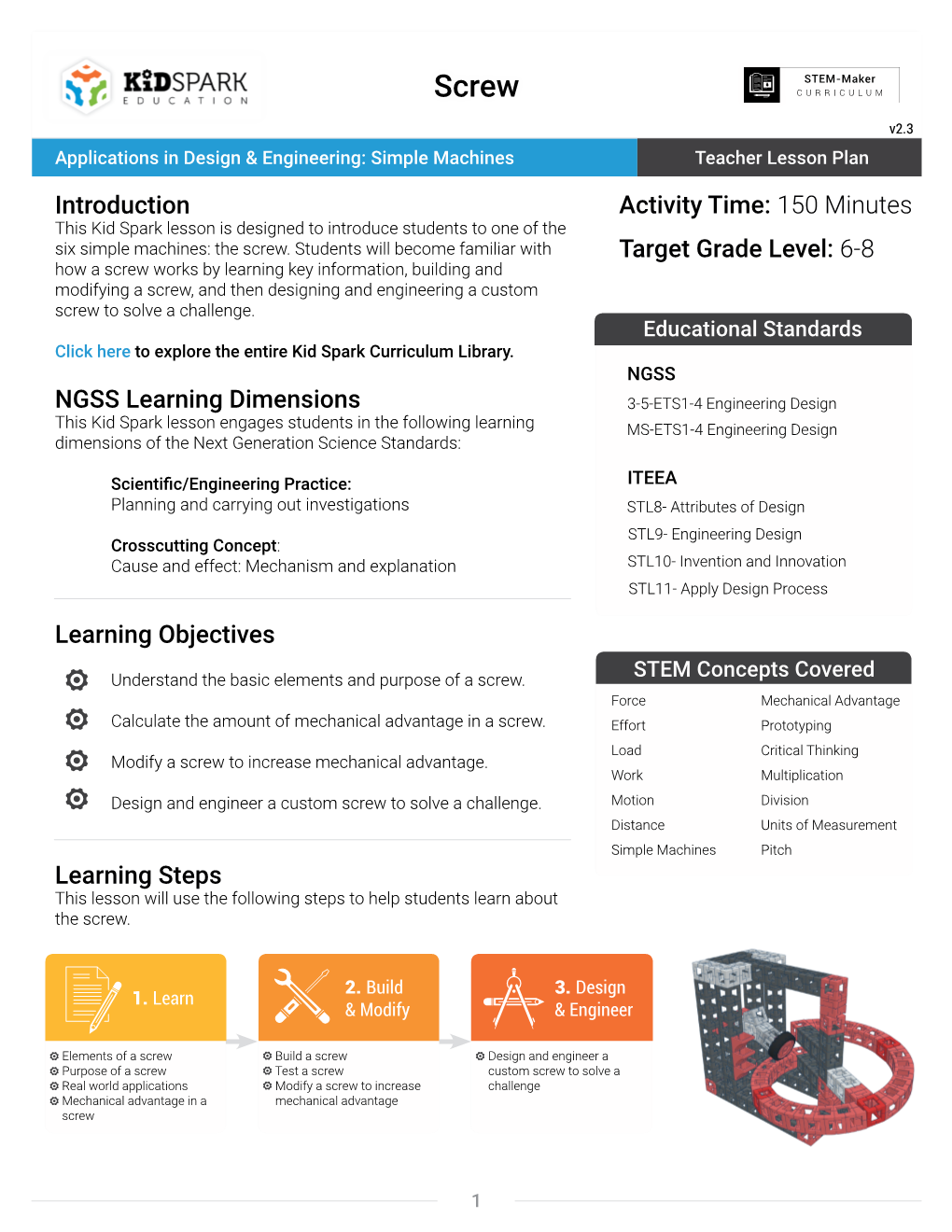 Kid Spark Screws Lesson Plan