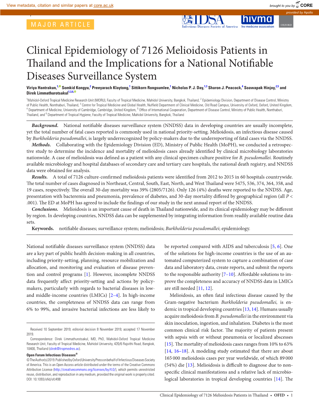 Clinical Epidemiology of 7126 Melioidosis Patients in Thailand and the Implications for a National Notifiable Diseases Surveilla